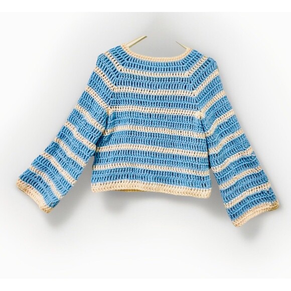 Handmade Sweaters - Handmade Striped knitted Crochet Sweater scoopneck Bell Sleeve M/L Blue White